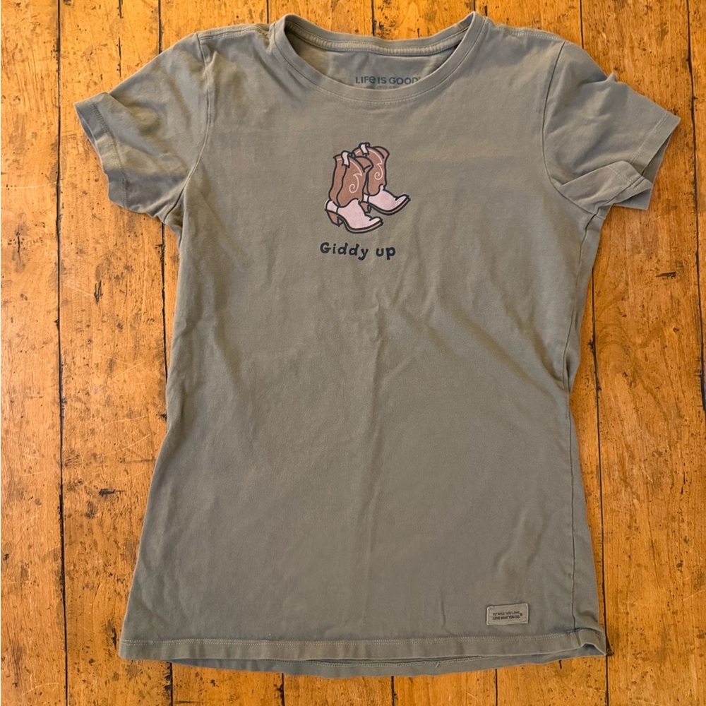 Green Graphic Tee with Boots Design